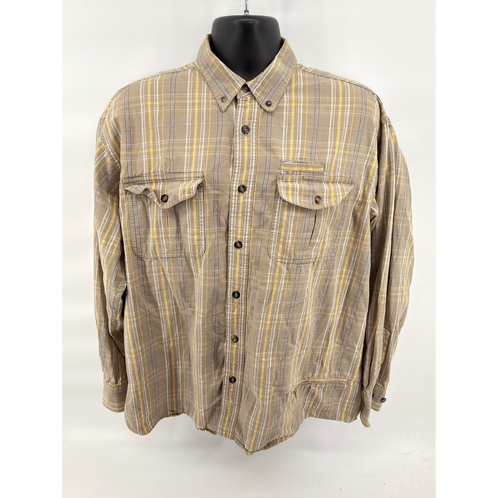 Cabelas Plaid Button Down Shirt‎ Mens Large Tan Yellow 100% Cotton Long Sleeve